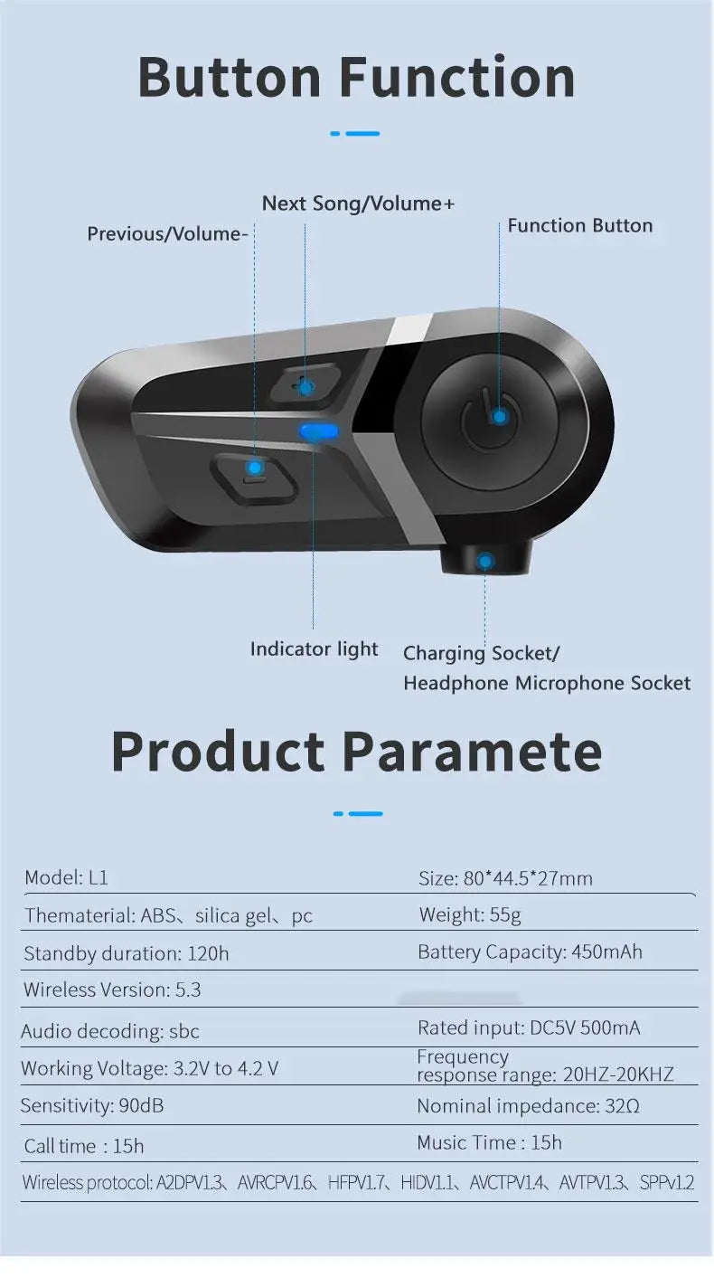 Bluetooth 5.3 Helmet Headset Wireless Hands-free Call Phone Kit Motorcycle Waterproof Earphone Music Player Speaker Moto