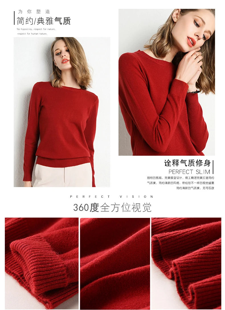 Women Slim O-Neck Solid Pullover Cashmere Wool Blending Sweater Autumn And Winter Long-Sleeved Knit Bottoming Shirt Large Size