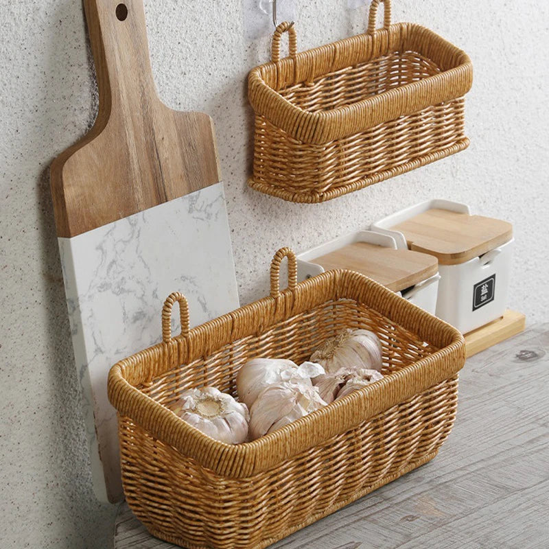 Wall mounted Ginger and Garlic Storage Basket Plastic Woven Plant Hanging Basket Kitchen Storage Basket Rattan Basket