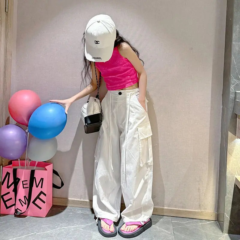 5-14Y Kids Hip Hop Joggers Pants Girls Cargo Pants Teenage Straight Trousers High Waist Vintage Casual Streetwear Baggy Pants