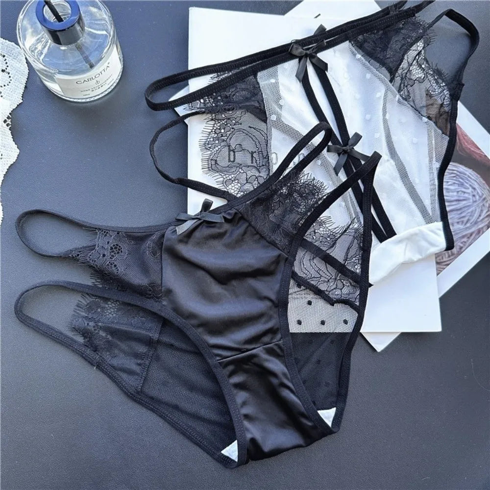 Cute Low Waist Underwear for Women Bow Transparent Sweet Lace Panties Hollow Mesh Satin Silk Briefs Female