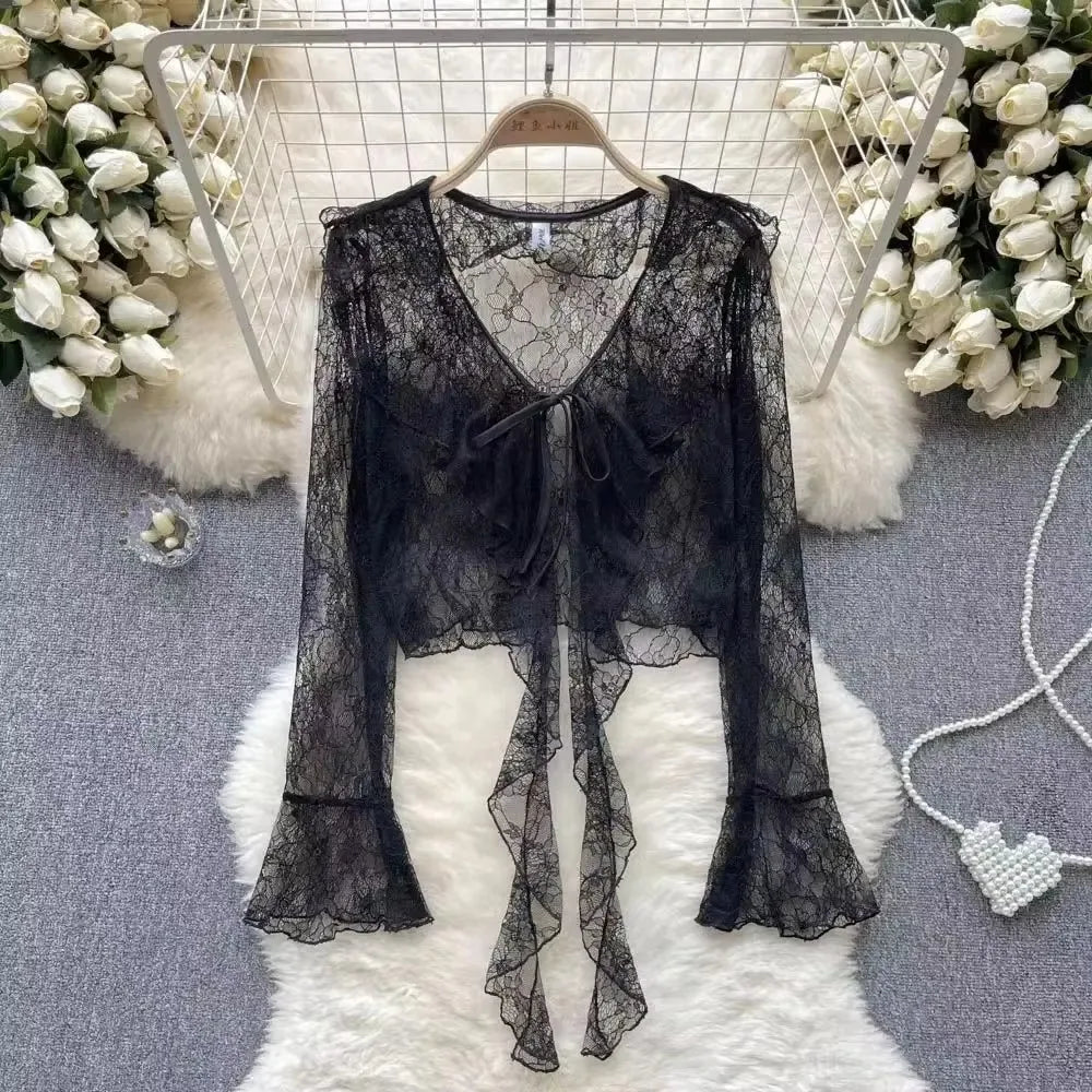 Women's Lace Cover Up Cardigan Cropped Tie Front Bell Sleeves Blouse Lightweight Shawl Jacket Outwear Blouse For Covers Clothing