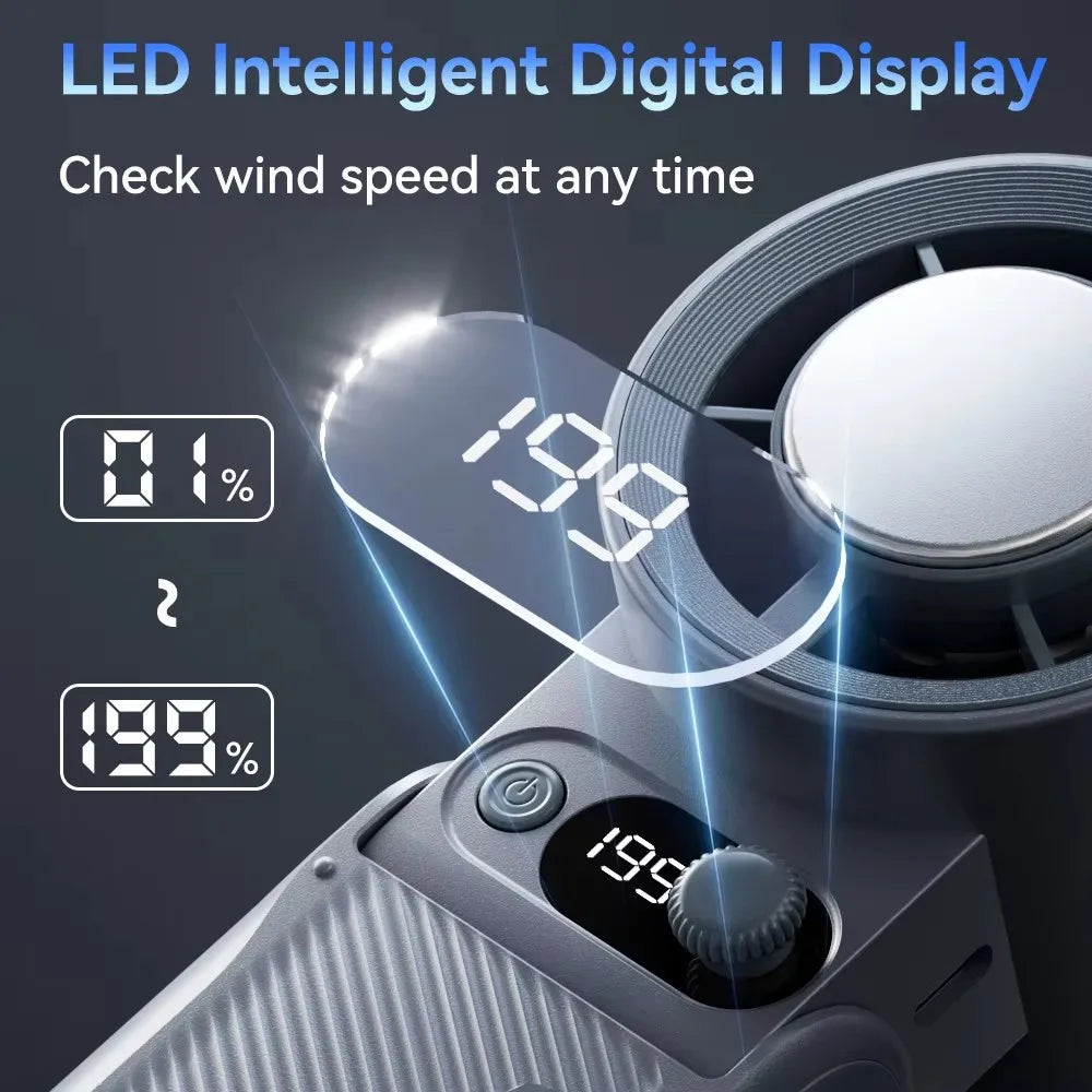 Portable Handheld Turbo Fan 199Gear Strong Wind Speed LED Digital Display 135°Foldable Outdoor 3-in-1 Handheld Fan 6000mAh F5PRO
