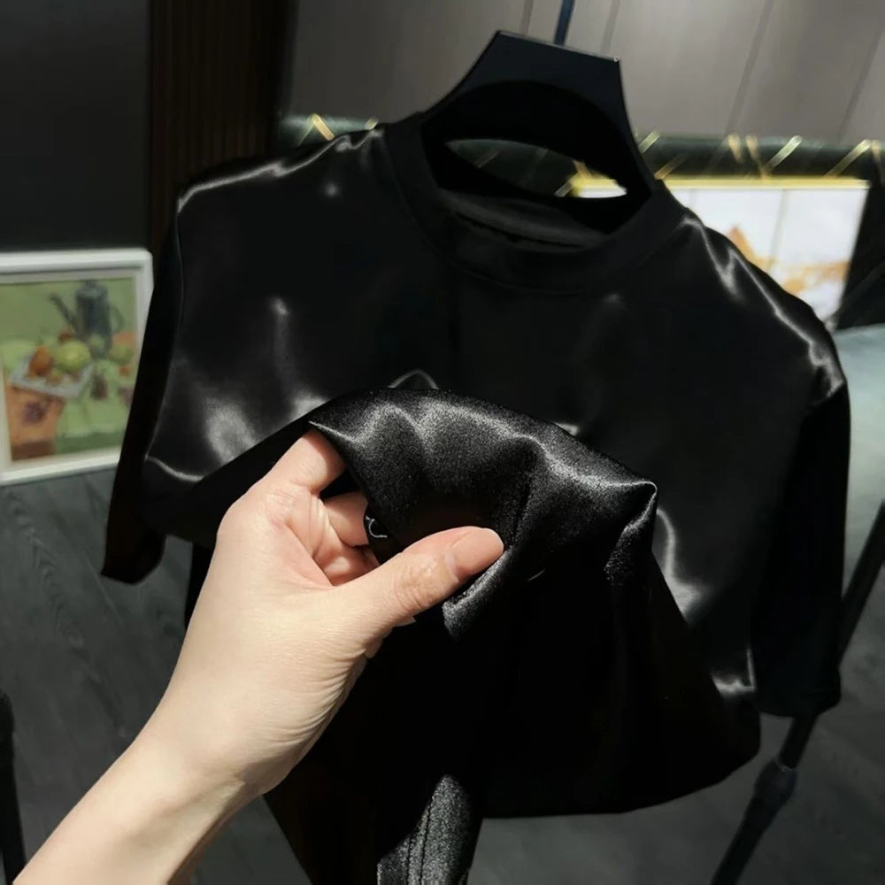 Mens Acetate Fiber Satin Glossy T-Shirt Pants Two-Piece Sets Streetwear Fashion Breathable Youth Outdoor Versatile Sets 2026 New