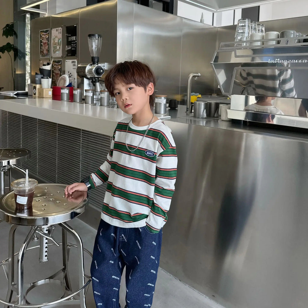 2025 autumn Children Clothes Girls Long Sleeves Bottoming Shirts Cool Boys Stripe Cotton T-shirt Teen Loose Casual 2-7y Kids Top