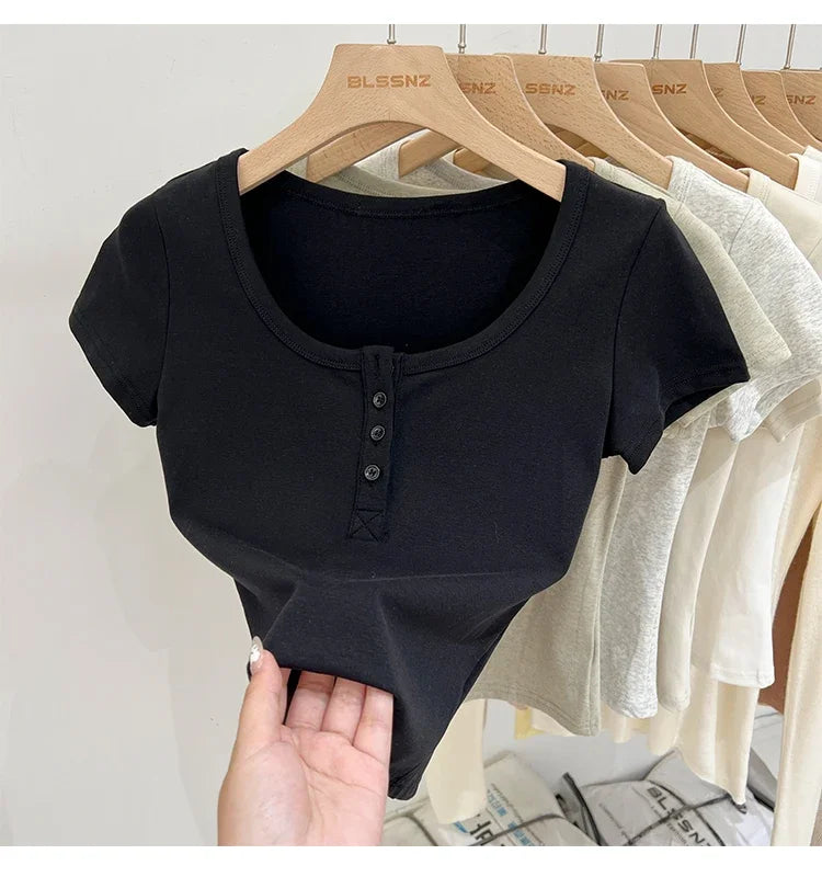 Women T Shirt Button T-Shirt Woman Clothes Tops Cotton Slim Tshirt Female Short Sleeve Top Summer Tee Sexy Canale Y2k
