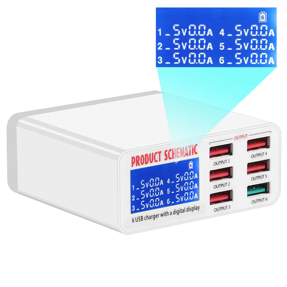 6-Port USB Charger Hub Fast Charging Station with LED Display Screen for Smart Phones Multiport Charging Station