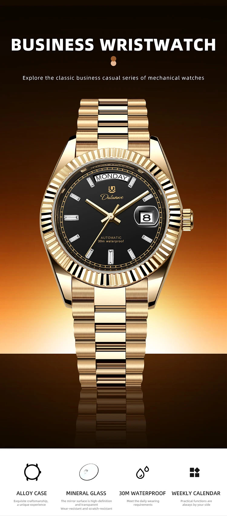 Dulunwe Automatic Watches for Men Day Date Classic 41MM Retro Mechanical Wristwatch 3ATM Waterproof Screw-in Crown Design