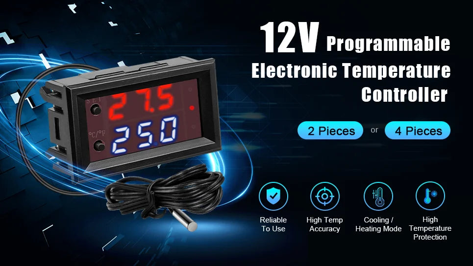 2 Pcs 12V fan thermostat, temperature controller, digital display intelligence, switch, microcomputer digital thermostat, small