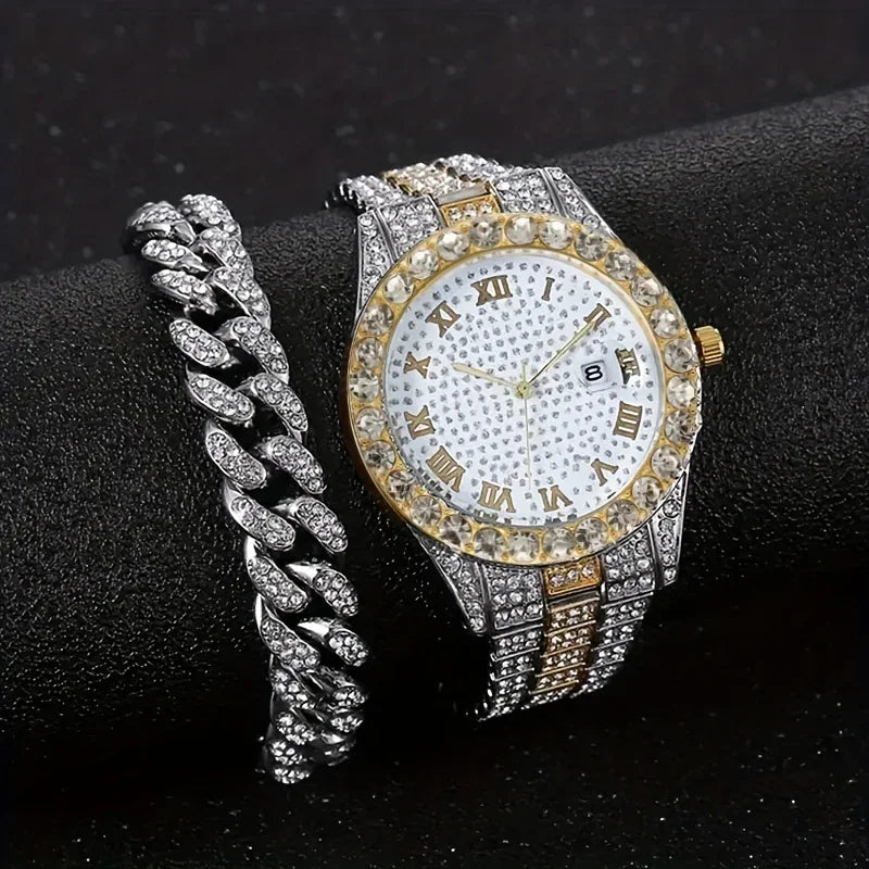 2 pieces/set of luxury men's hip-hop watches, adorned with sparkling artificial diamonds and Cuban chain bracelets