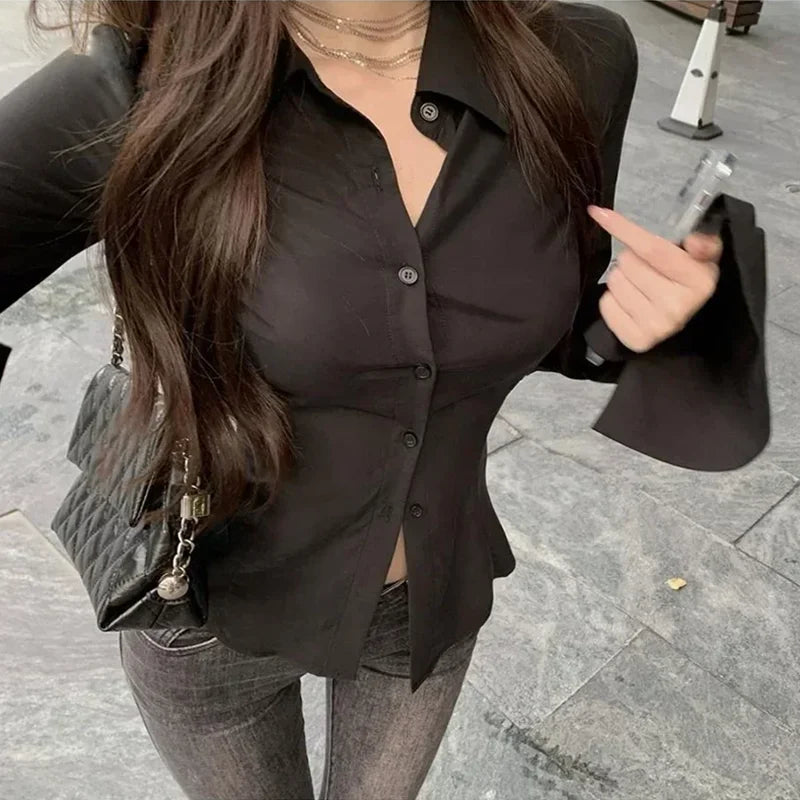 Sexy Slim Flared Sleeve Women's Shirt Solid Lapel Single-breasted Back Bandage Tunic Female Blouses Spring Trend New Lady