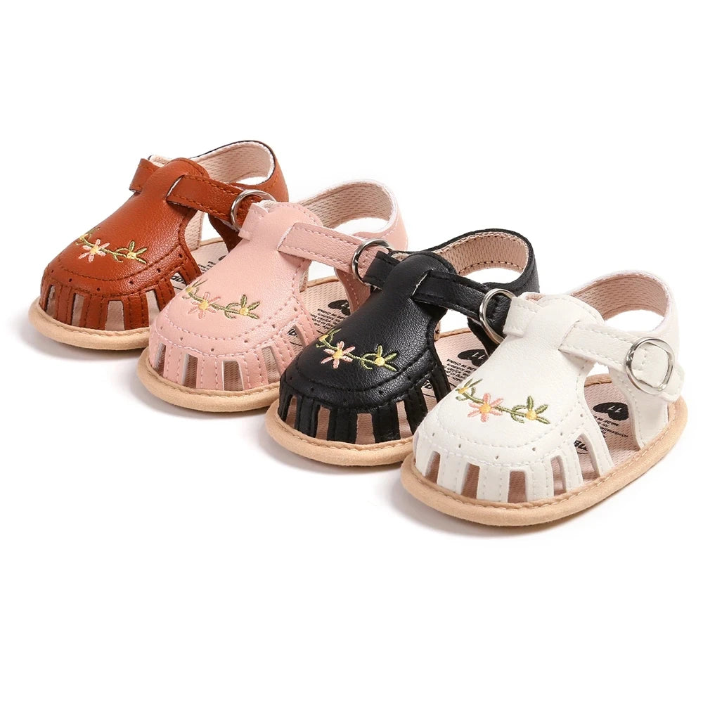 2024 Newborn Baby Girl Sandals Summer Embroidered Leisure Comfortable Lightweight Floral Soft Sole Wrap Toe Sandals For 0-18M