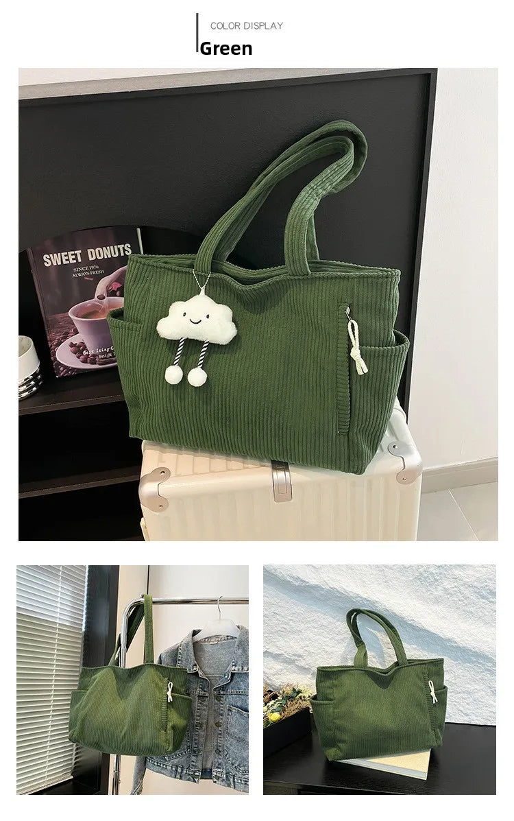 Corduroy Women Bag Fashionable Large Capacity Handbag Shoulder Bag Versatile Artistic Retro Student Class Bag with Zipper Pocket