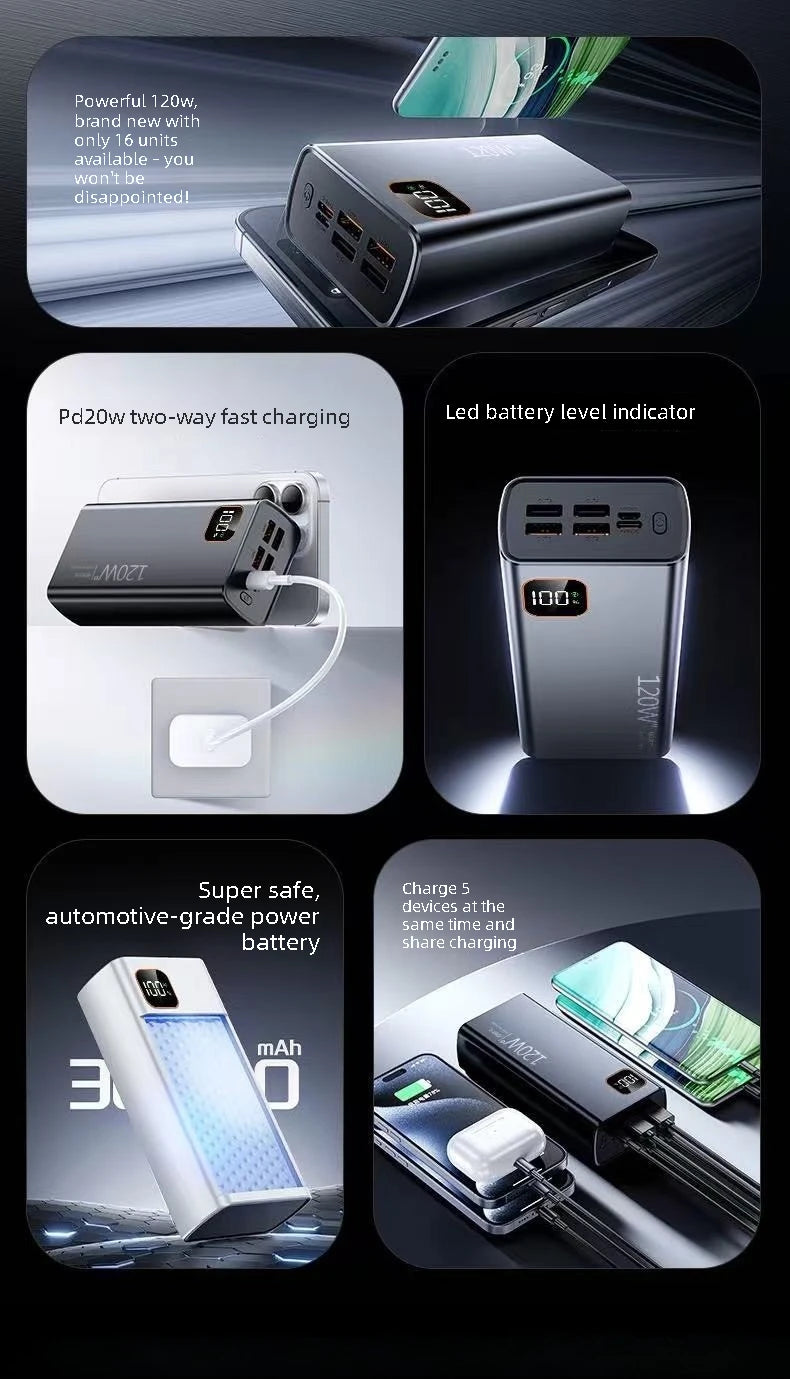 120W PD Digital Display Power Bank 30000mAh Large Capacity Portable External Battery For IPhone Android