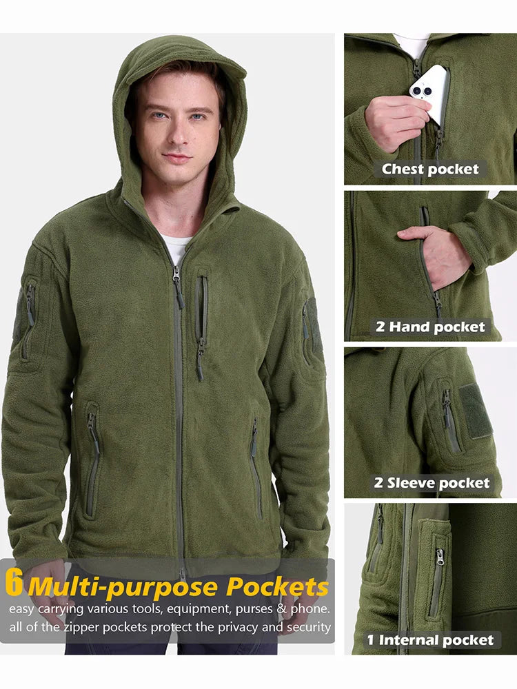 Men's Tactical Fleece Jacket Winter Warm Full Zip Military Hoodies Multi-Pockets Hiking Hunting Outdoor Coats