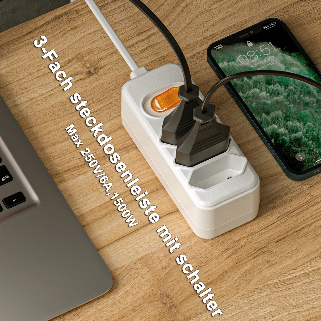 3-Way European Plug Power Strip 2 prong plug Multiple Socket with 2m Extension Cable Euro Outlet Power Adapter for TV computer