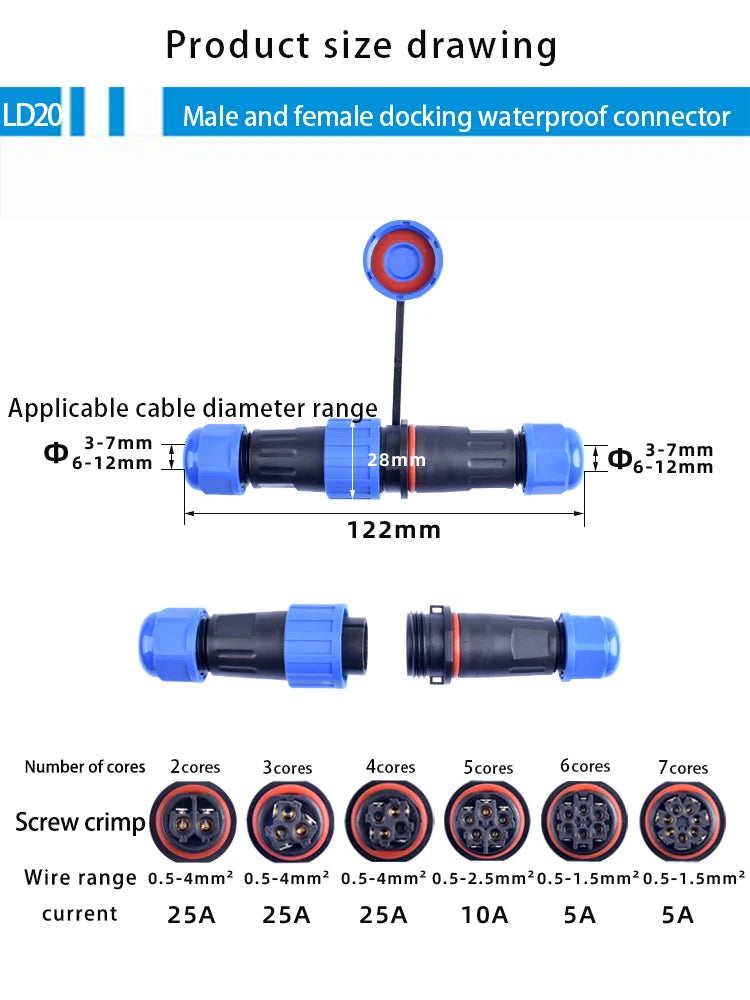 IP68 Waterproof Male Female Electrical Connector LD Series2/3/4/5/6/7/9-Pin Panel-Mount Screw Wire Cable Aviation Plug Connector