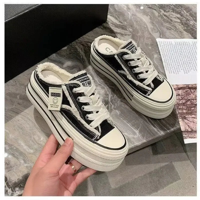 Women's Baotou Slippers Autumn New Round Head Lace-up Canvas Shoes No Heel Lazy Thick Sole Half Drag