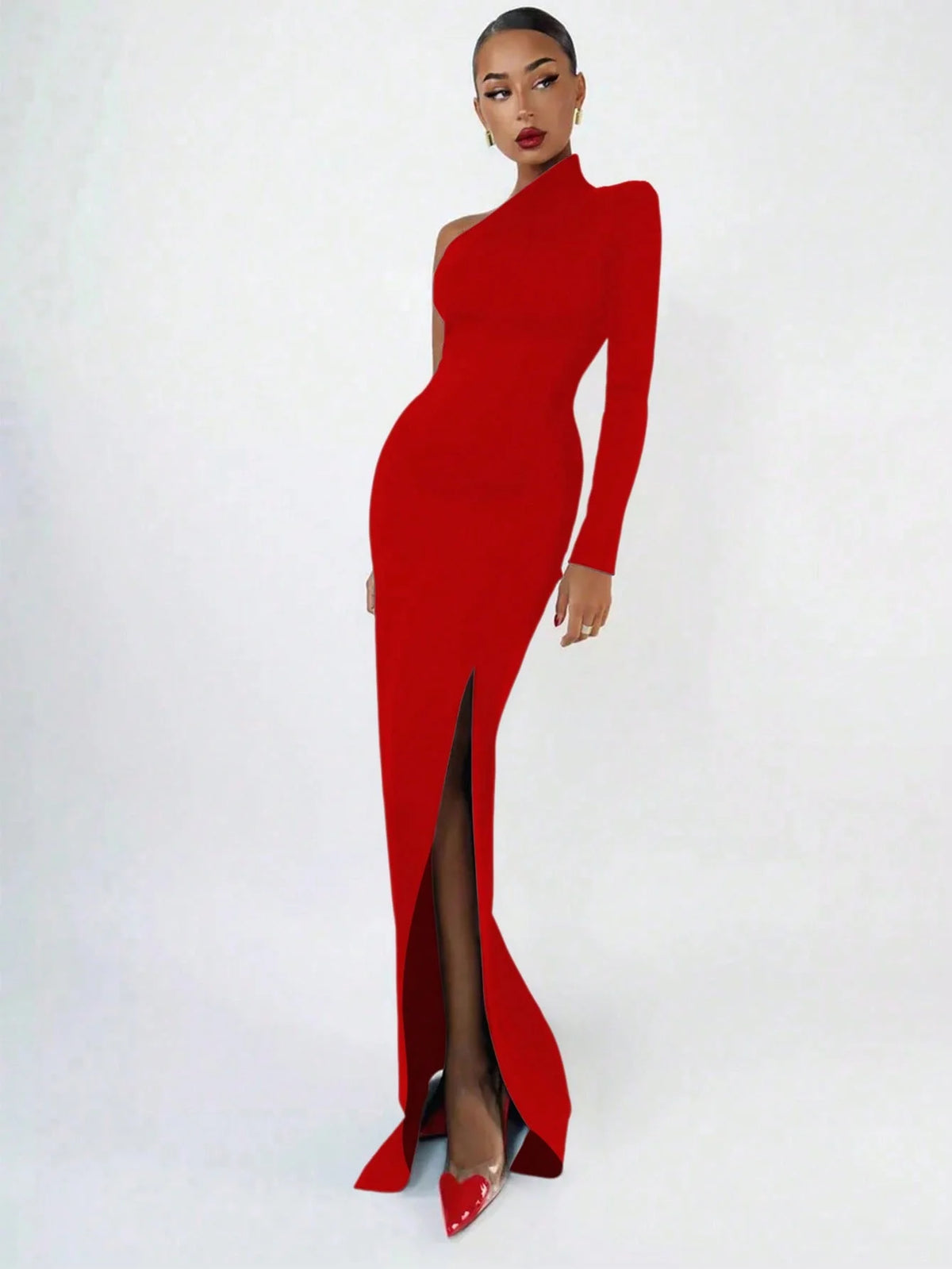 Women's Fashion Spring Summer Sexy Elegant Black Long Sleeve One Shoulder Long Bodycon Dress Party Cocktail Evening Dress Clothe
