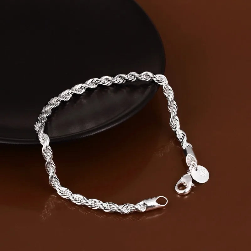 925 Sterling Silver 4MM Twisted Rope Bracelets For Women Men Fashion Minimalist Couple Chain Bracelet Male Unisex Jewelry Gifts
