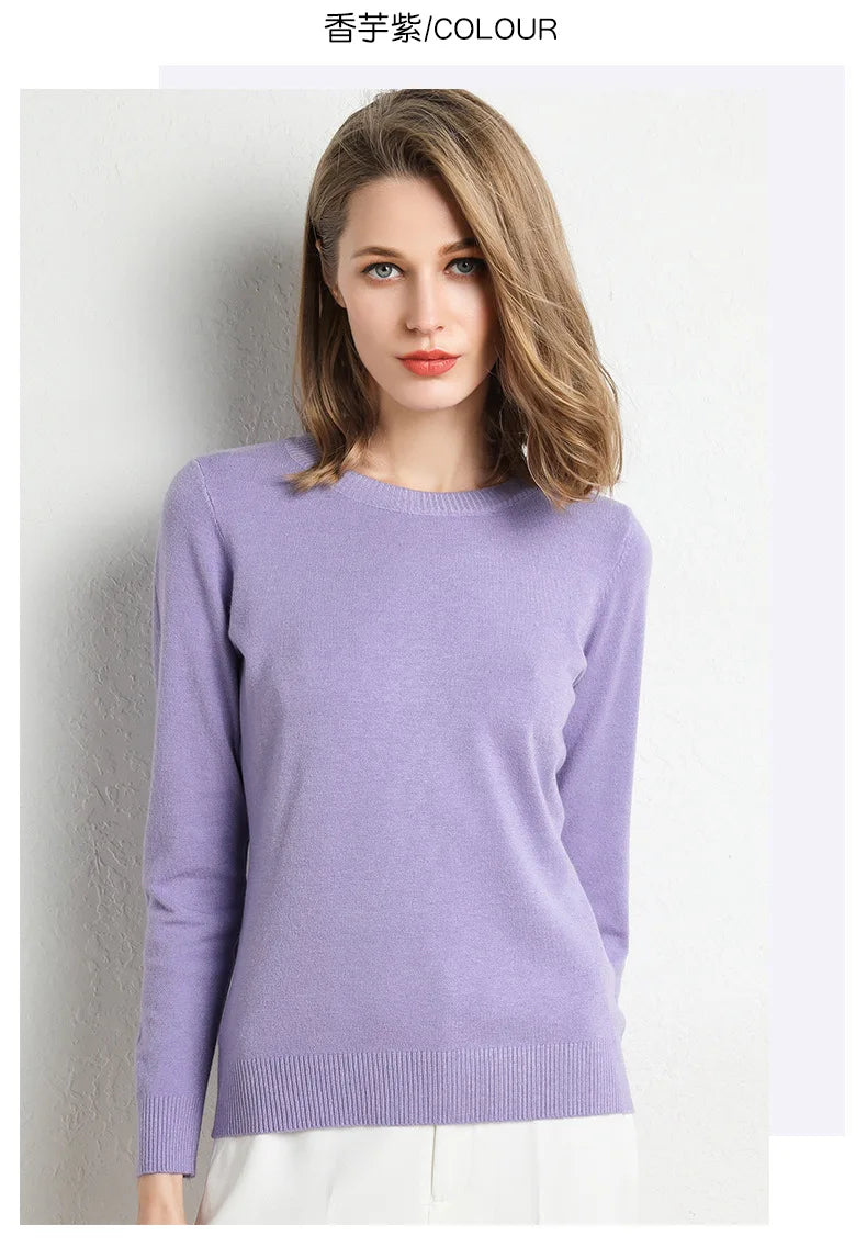 Women Slim O-Neck Solid Pullover Cashmere Wool Blending Sweater Autumn And Winter Long-Sleeved Knit Bottoming Shirt Large Size