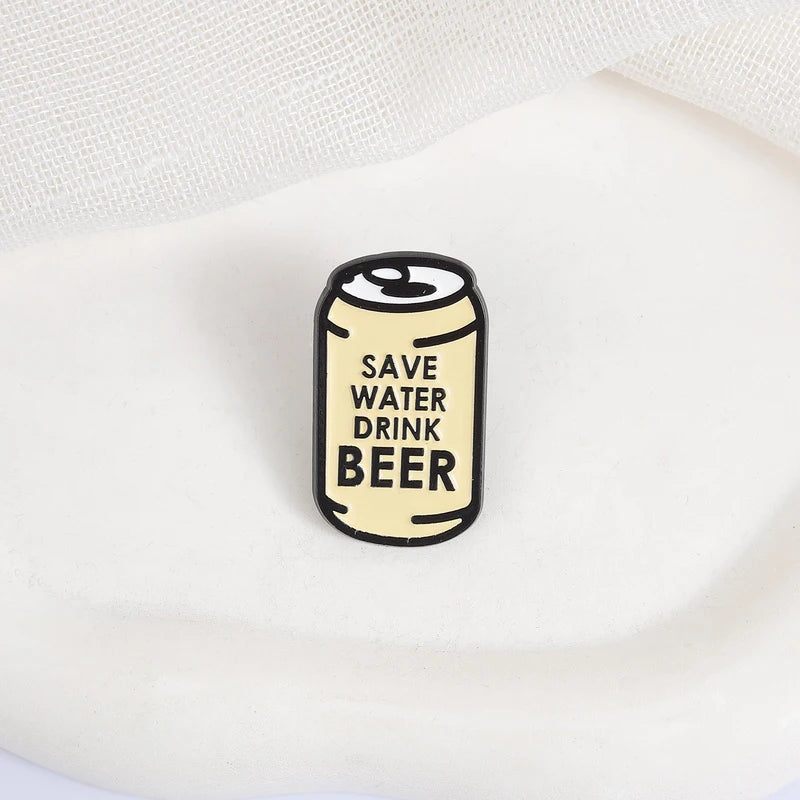 Humor Cartoon Can Enamel Pins Save Water Drink Beer Metal Brooches Fashion Lapel Badge Backpack Clothes Jewelry Gift for Friends