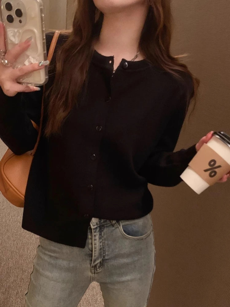 2026 Women Cardigans Sweater Casual Warm Spring Summer O-neck Long Sleeve Single Breasted Slim Fashion Korean Knitwears Tops