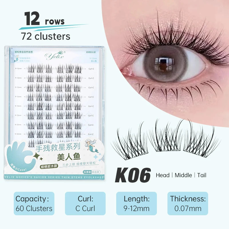 Yelix DIY Cluster Lashes Natural Eyelash Extension Volume Individual Lashes Mixed Tray Lashes Cluster Natural Eyelashes Makeup
