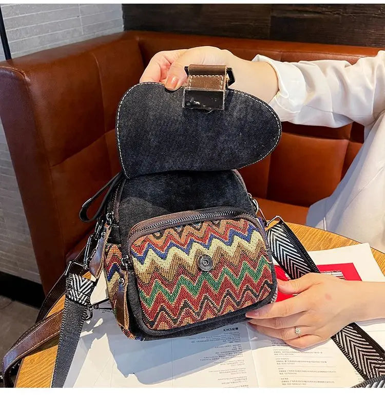 Denim Small Backpack  New Contrast Color Women Bag Retro Ethnic Style Embroidered Multifunctional Bagpack Crossbody Bolsa