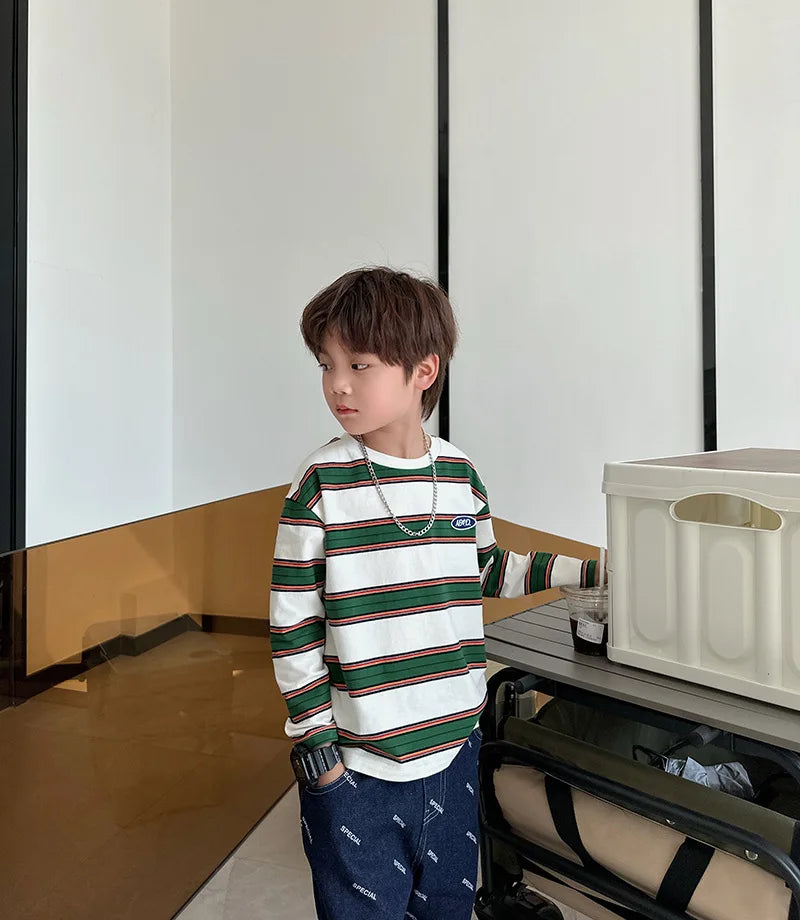 2025 autumn Children Clothes Girls Long Sleeves Bottoming Shirts Cool Boys Stripe Cotton T-shirt Teen Loose Casual 2-7y Kids Top