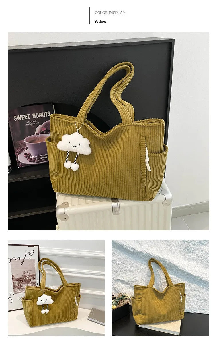 Corduroy Women Bag Fashionable Large Capacity Handbag Shoulder Bag Versatile Artistic Retro Student Class Bag with Zipper Pocket