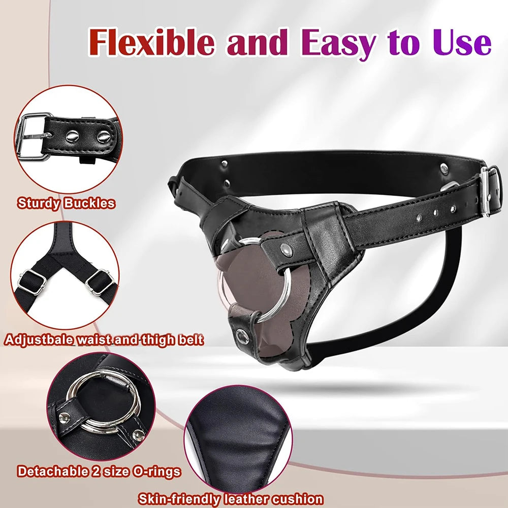 Strap On Dildo Harness Adjustable Waist and Thigh Soft Nylon Vegan Leather Belt with 2 Size Metal O-Rings for Lesbian Gay Couple