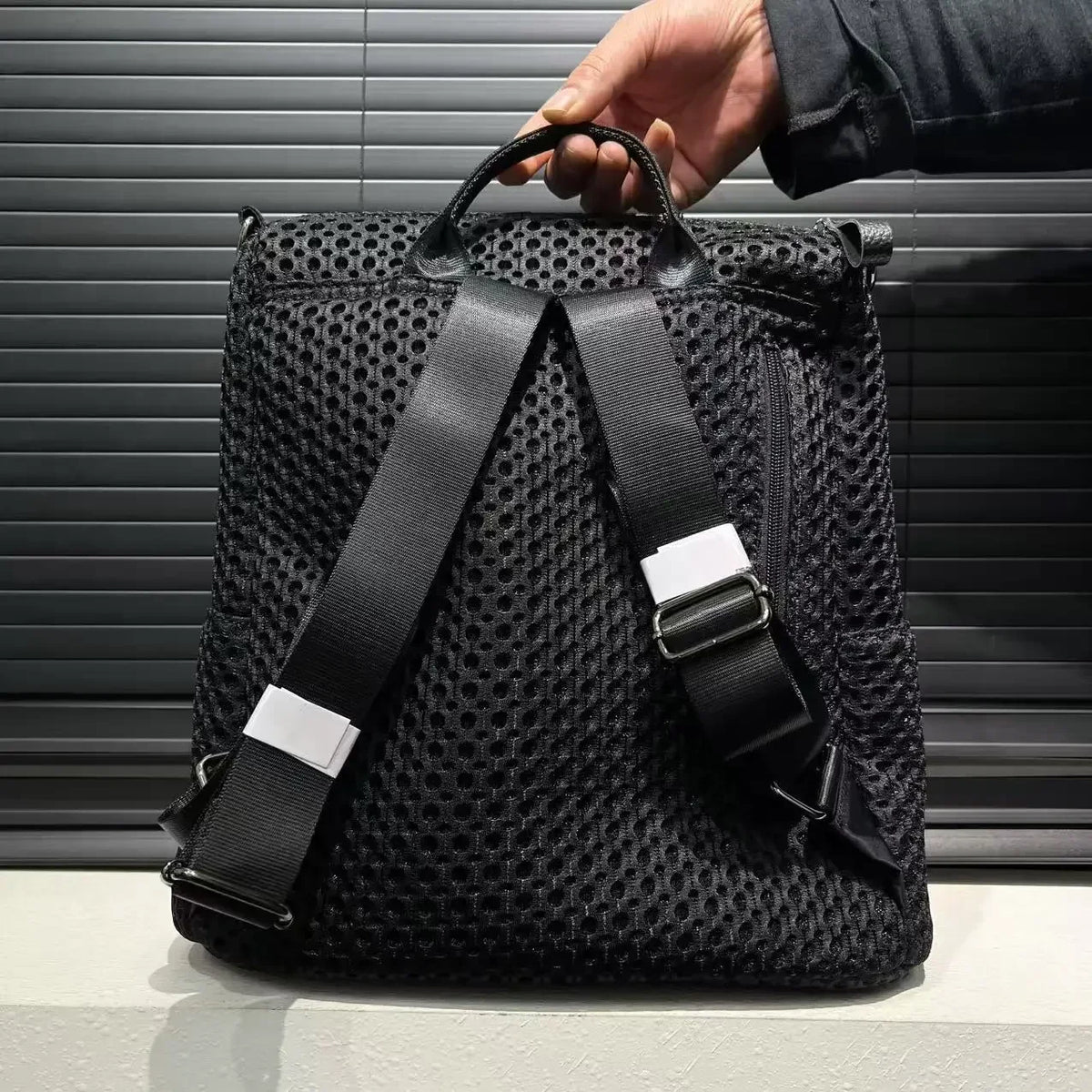 Mochila retro com costuras, moderna e de grande capacidade, saco de ombro casual em rede, ideal para as deslocações diárias