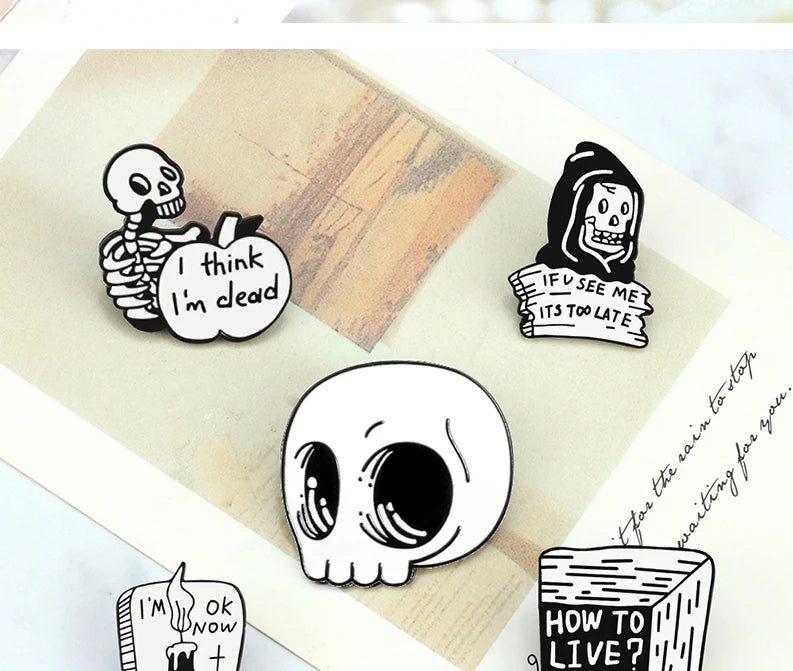 More Styles Halloween Day Punk Skeleton Enamel Pin Women Men Rose Flower Skull Brooches Metal Jean Coat Lapel Pin Badge Jewelry
