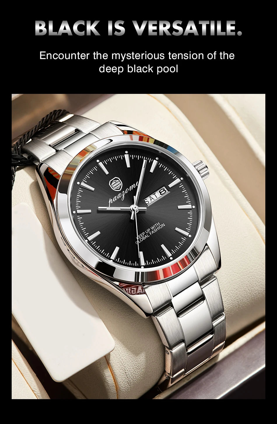 PAAZOMU Fashion Men's Quartz Watch Luminous Hands Date Week Stainless Steel Strap Waterproof Casual Wristwatch Quartz Men Watch