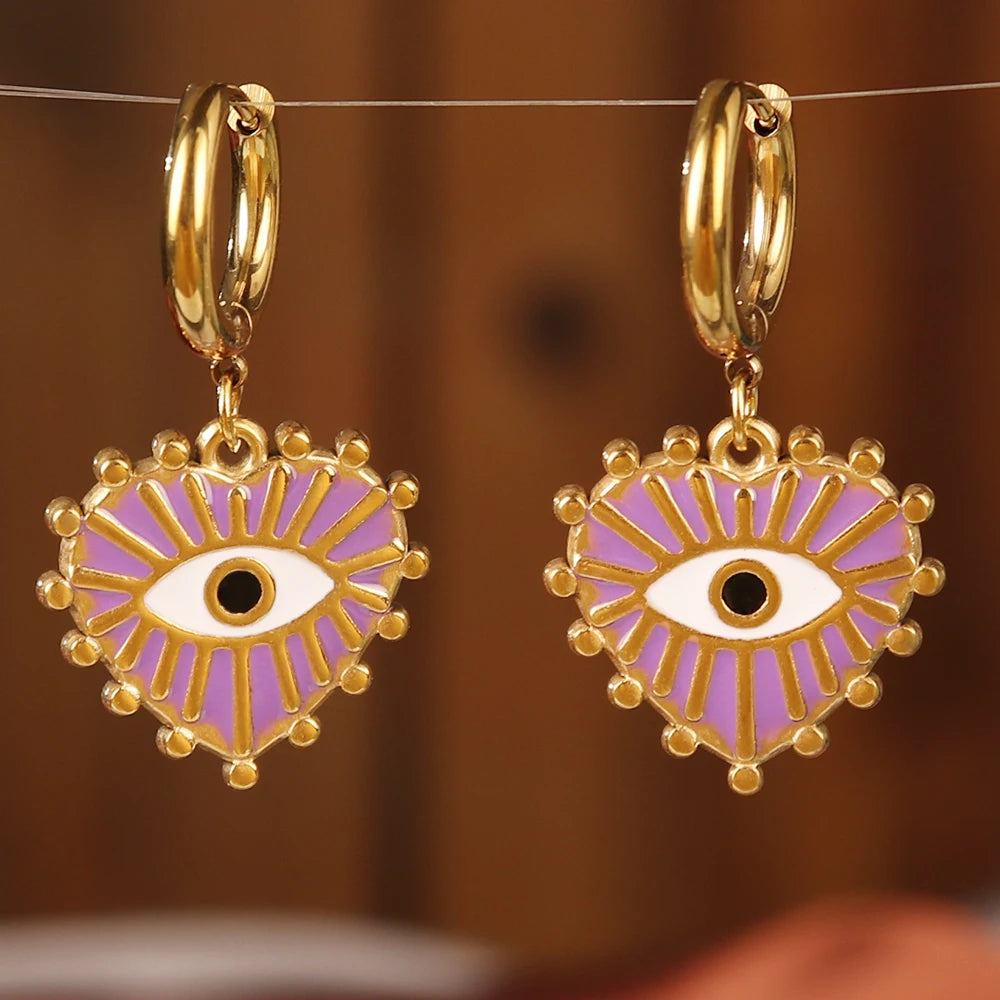 Vintage 316L Stainless Steel Turkish Evil Eye Hoops Earrings Huggie Drop Heart Pendant Earrings For Women Daily Jewelry Gifts