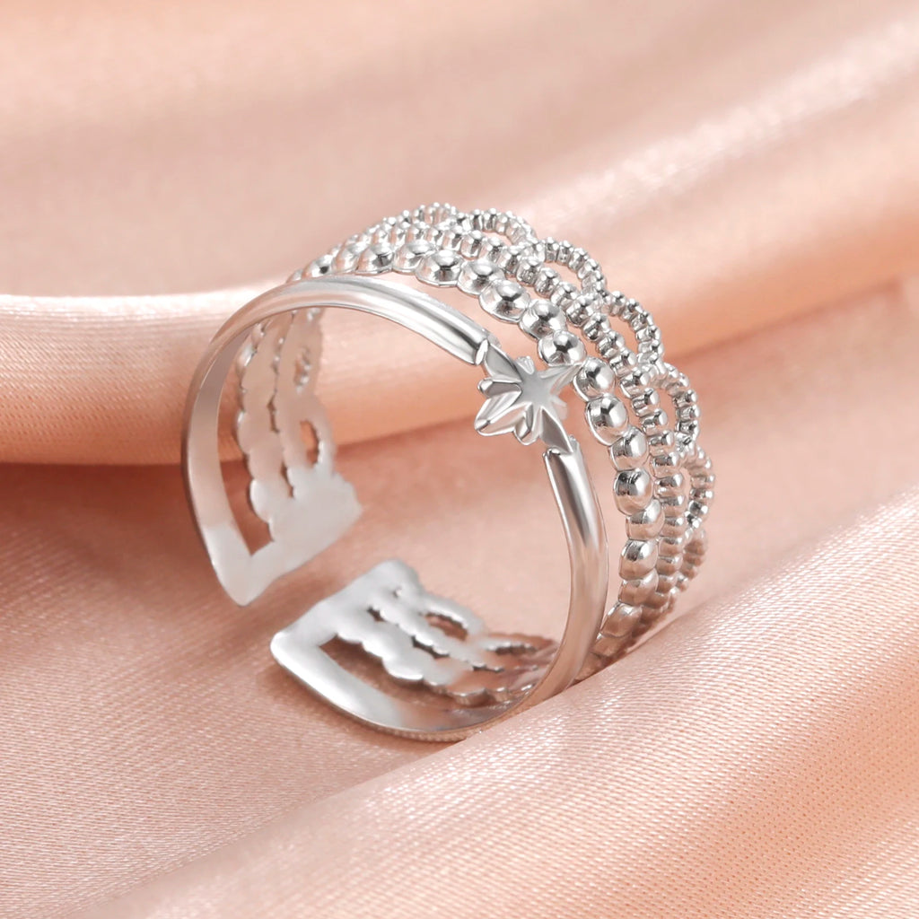 Amaxer For Women Lover's Rings Star Lace Beads Strip Stainless Steel Gold Color Silver Color Engagement Jewelry Party Gift