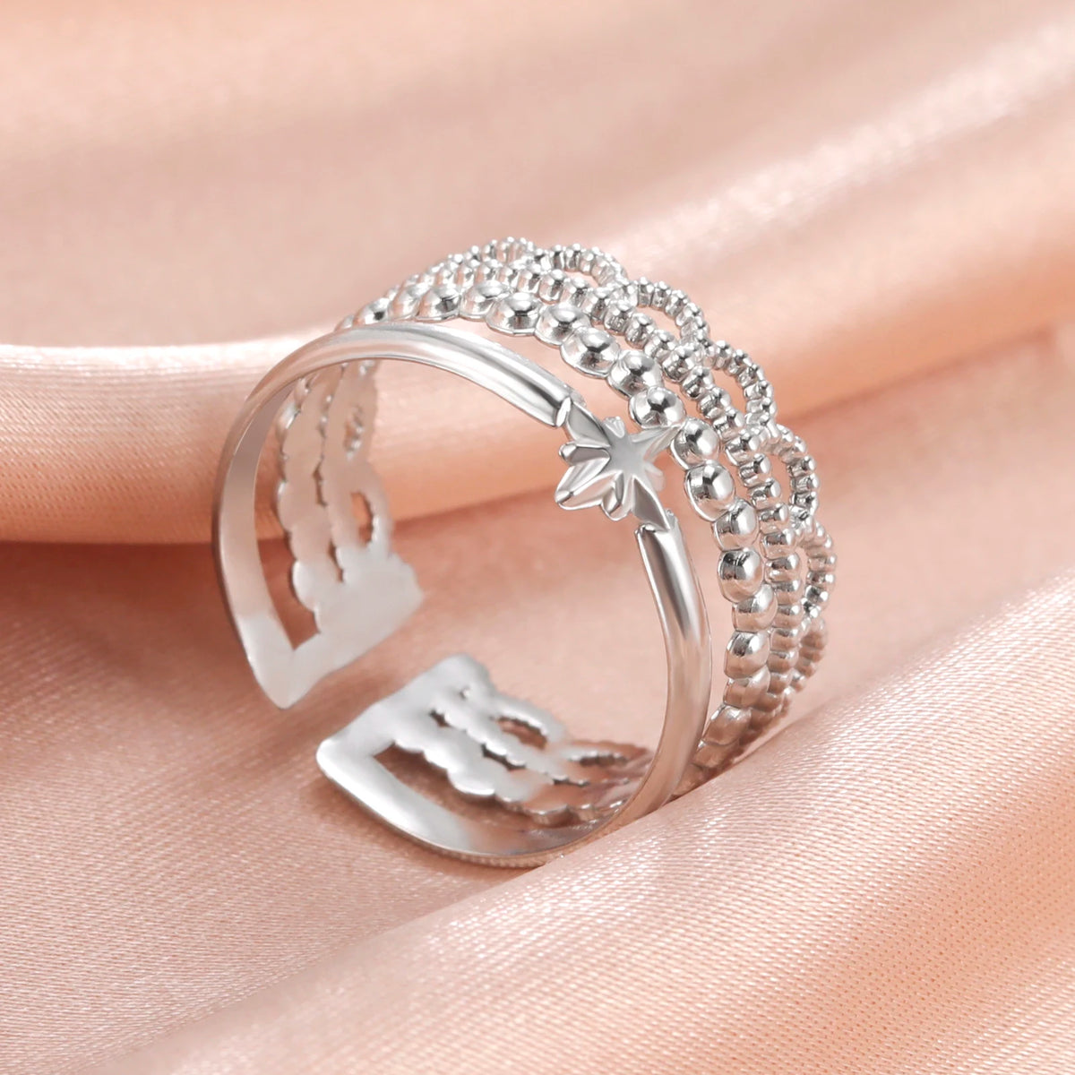 Amaxer For Women Lover's Rings Star Lace Beads Strip Stainless Steel Gold Color Silver Color Engagement Jewelry Party Gift