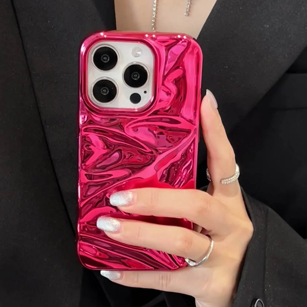 Luxury Electroplate Silvery 3D Wrinkle Phone Case For iphone 17 16 15 14 13 11 12 Pro Max 17Air Purple Water Ripple Soft Cover