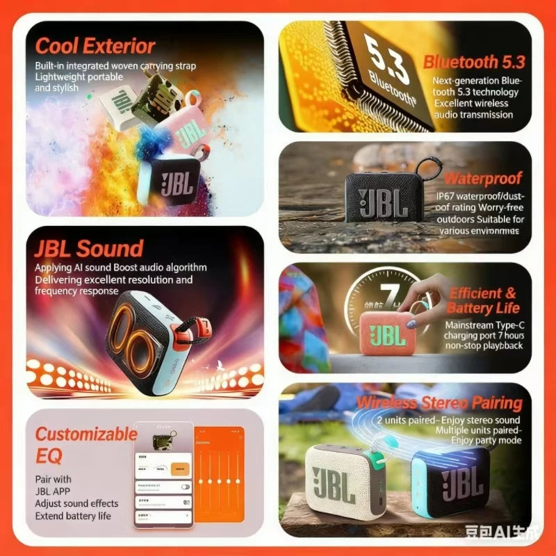 Coluna Mini Bluetooth Sem Fios JBL GO 4 Som Portátil à Prova de Água para Exterior e Casa com Subwoofer