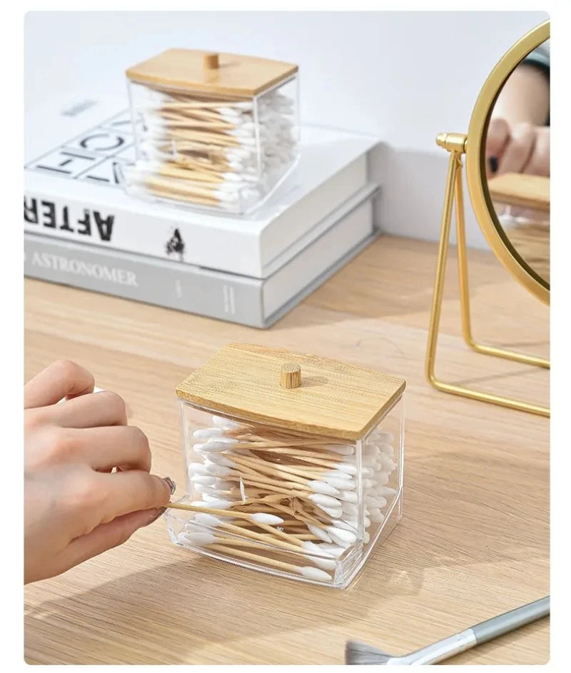 Cotton Swab Storage Box Double Head Wood Baby Cotton Swabs Transparent Square Bamboo Cover Cotton Buds Toothpick Organizer