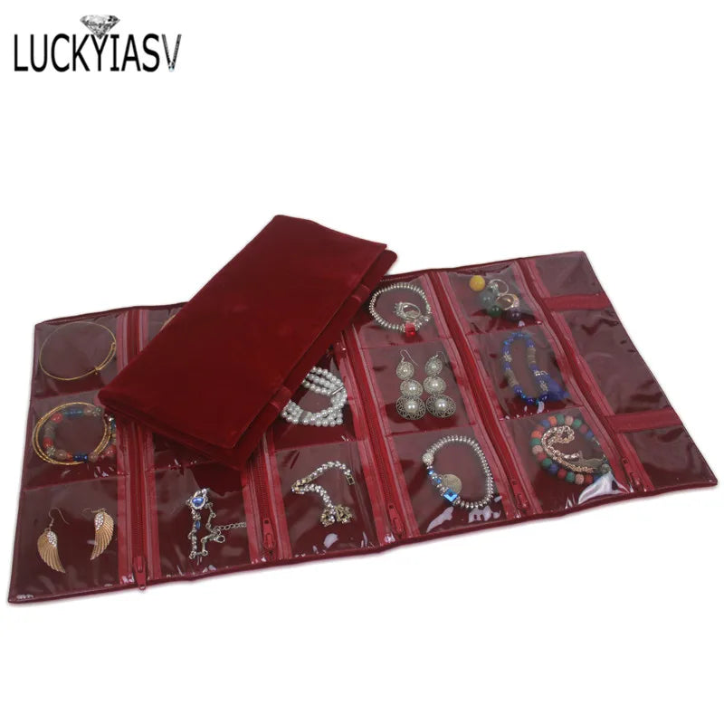 Velvet Travel Zipper Jewelry Roll Bag for Jewellery Ring Earrings Organizer Storage Bag Portable Necklace Display Cases