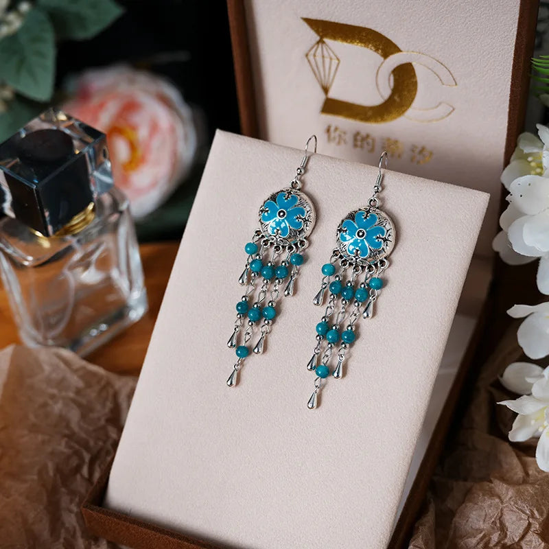 Vintage Ethnic Style Metal Tassel Water Drop Earrings for Women Round Drop Glaze Crystal Beads Handmade Earring Female Jewelry