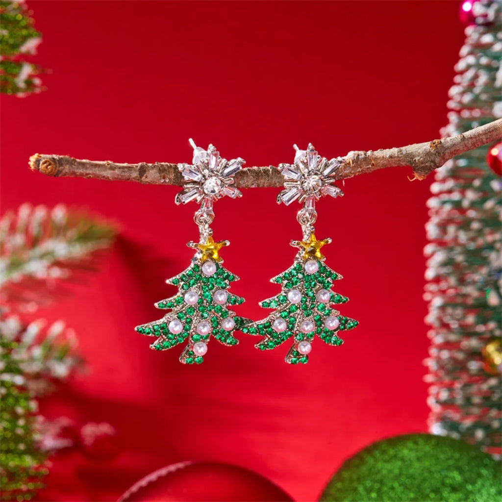 Christmas Earrings Rhinestone Imitation Pearl Snowflake Xmas Tree Star Bell Drop Holiday Dangle Party Jewelry Gift For Women Men