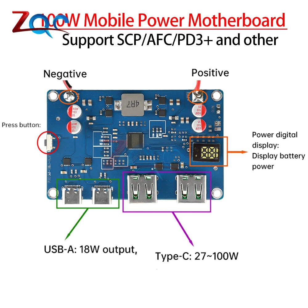 100W PD QC Power Bank Bidirectional Fast Charging Mobile Power Module DIY Power Bank 2-6S Lithium Battery Protection Motherboard