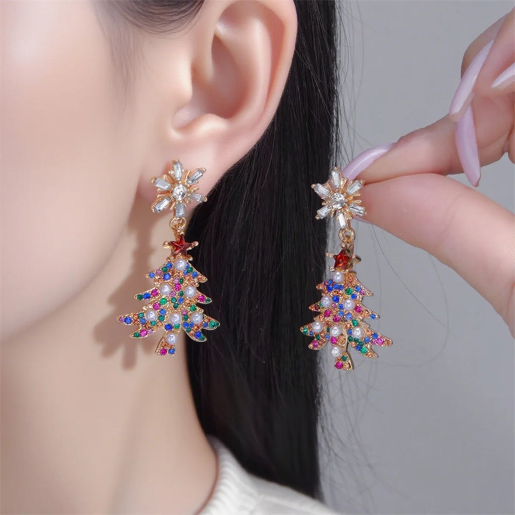 Christmas Earrings Rhinestone Imitation Pearl Snowflake Xmas Tree Star Bell Drop Holiday Dangle Party Jewelry Gift For Women Men