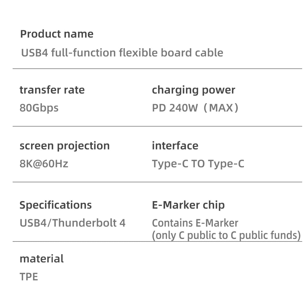 USB 4.0 Type-C to Type-C Cable 240W Fast Charging 80Gbps Data Transmission 8K60Hz Short Soft Cable Suitable for Computer Mobile
