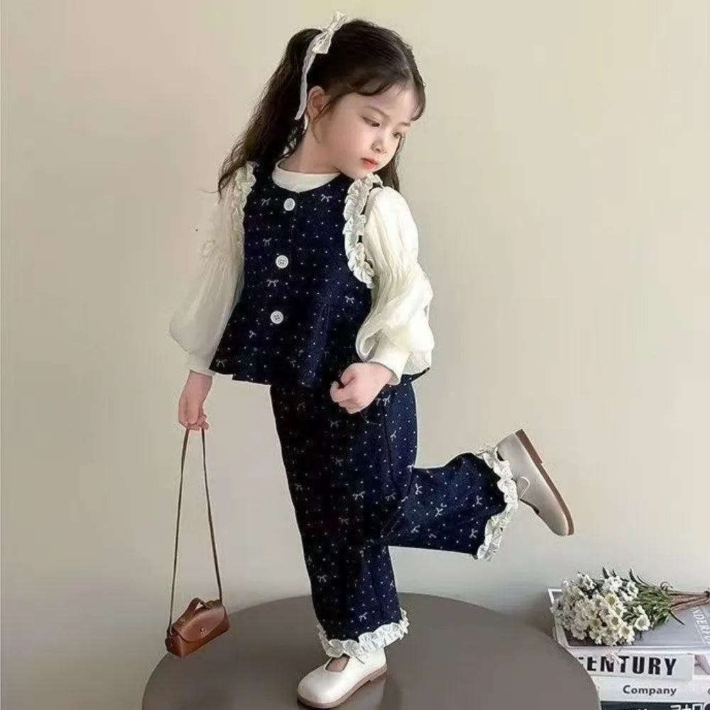 Bear Leader Children's Clothing Autumn Imitation Denim Ruffle Girls Clothes Bow Printed Vest+Long Sleeved Shirt+Pants 3 Pcs Set