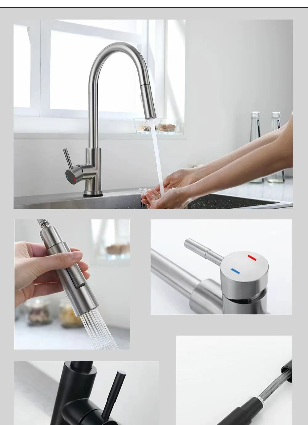 Black Kitchen Faucet Flexible Pull Out 2 Modes Nozzle Hot Cold Water Mixer Tap Deck Mounted Sprayer and Stream SUS 304 Faucets