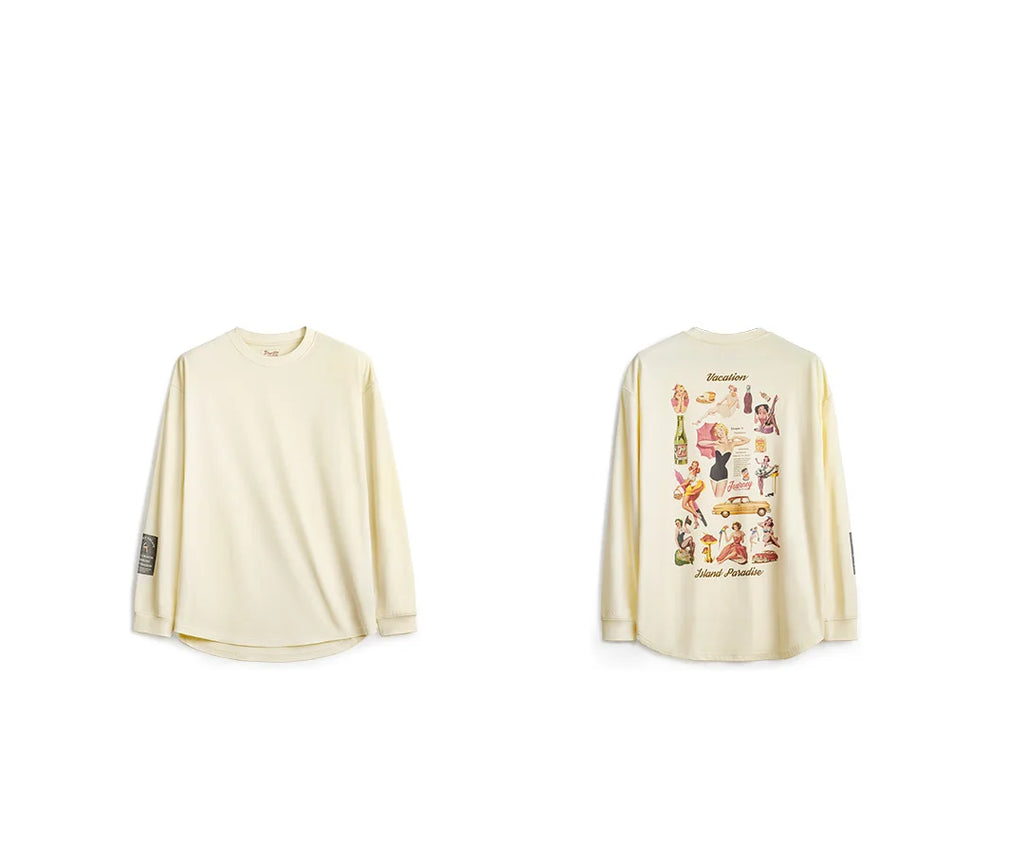 Maden Vintage Back-Printed Long-Sleeve T-Shirt Loose Casual Round-Neck Pullover for Men's Spring and Fall 60's Street-Style Tops